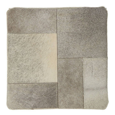 Grey Hair on Leather Pouffe with Geometric Patchwork