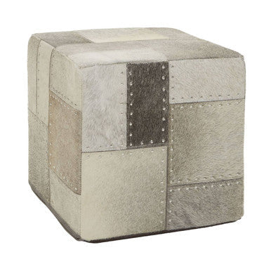 Grey Hair on Leather Pouffe with Geometric Patchwork