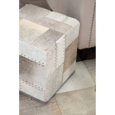 Grey Hair on Leather Pouffe with Geometric Patchwork