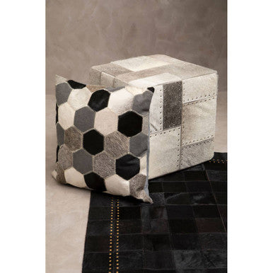 Grey Hair on Leather Pouffe with Geometric Patchwork