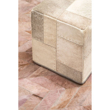 Grey Hair on Leather Pouffe with Geometric Patchwork