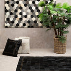 Grey Hair on Leather Pouffe with Geometric Patchwork
