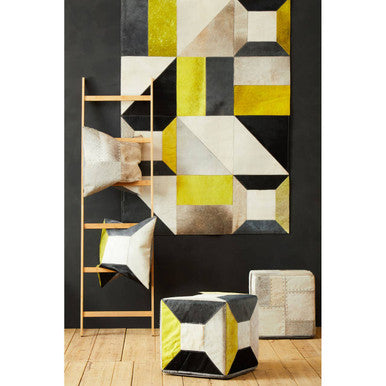 Grey Hair on Leather Pouffe with Geometric Patchwork