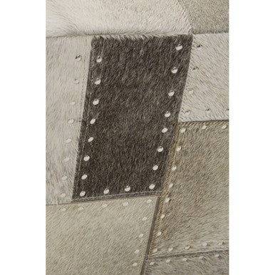 Grey Hair on Leather Pouffe with Geometric Patchwork