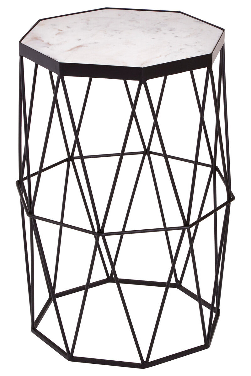 White Marble Top Octagonal Side Table with Black Finish Metal Base