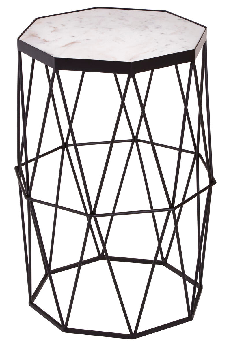 White Marble Top Octagonal Side Table with Black Finish Metal Base
