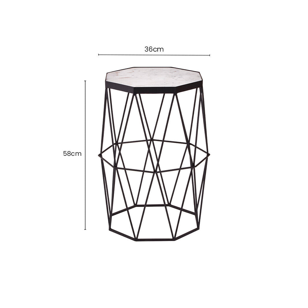 White Marble Top Octagonal Side Table with Black Finish Metal Base