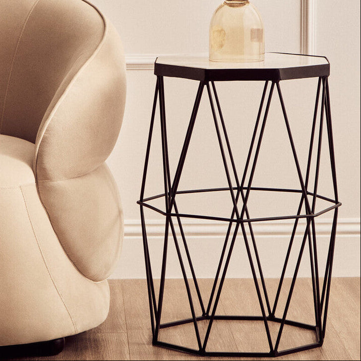 White Marble Top Octagonal Side Table with Black Finish Metal Base
