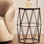 White Marble Top Octagonal Side Table with Black Finish Metal Base