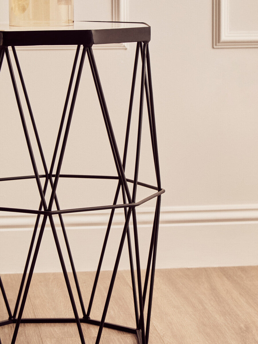 White Marble Top Octagonal Side Table with Black Finish Metal Base