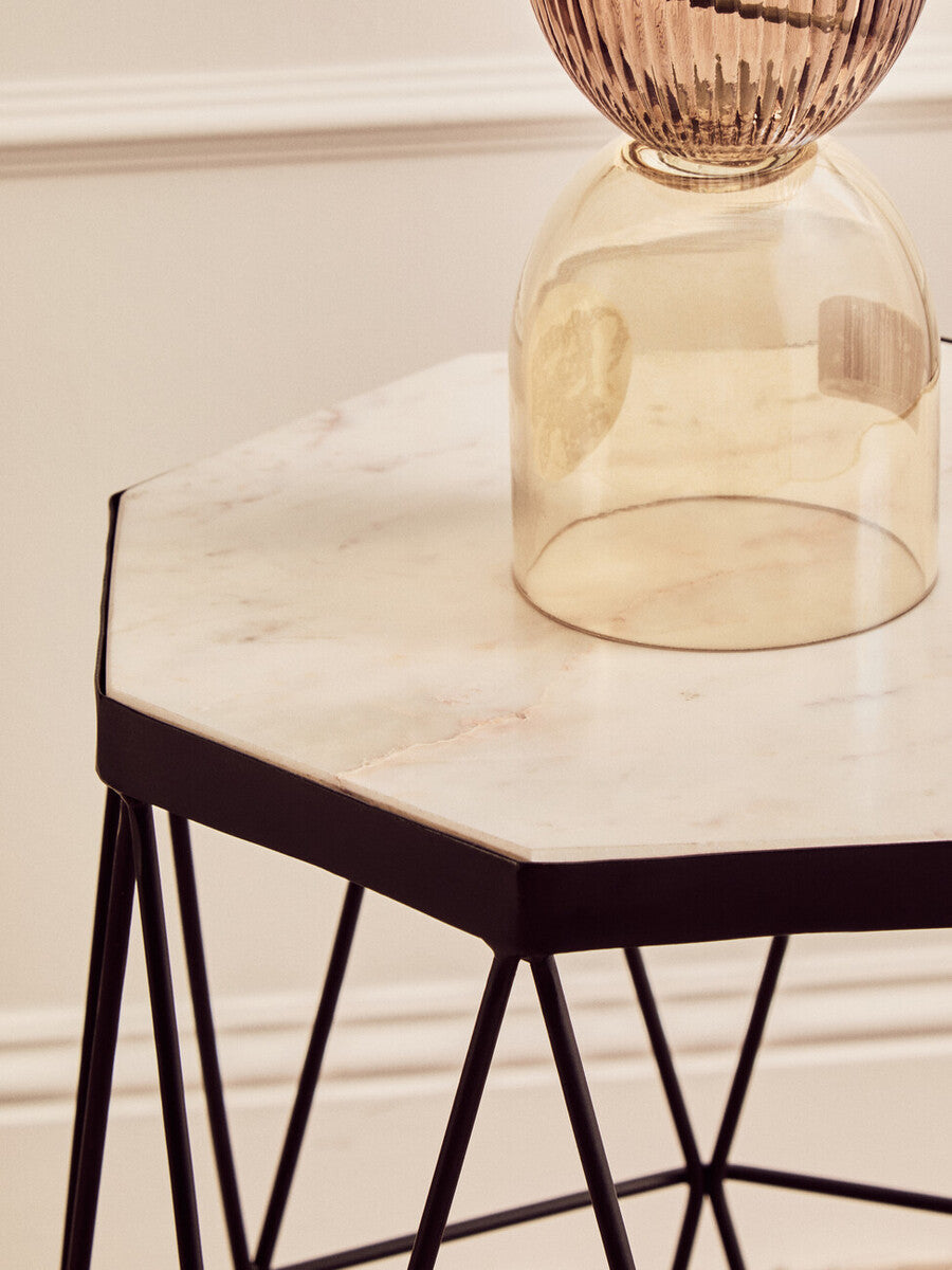 White Marble Top Octagonal Side Table with Black Finish Metal Base