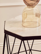 White Marble Top Octagonal Side Table with Black Finish Metal Base