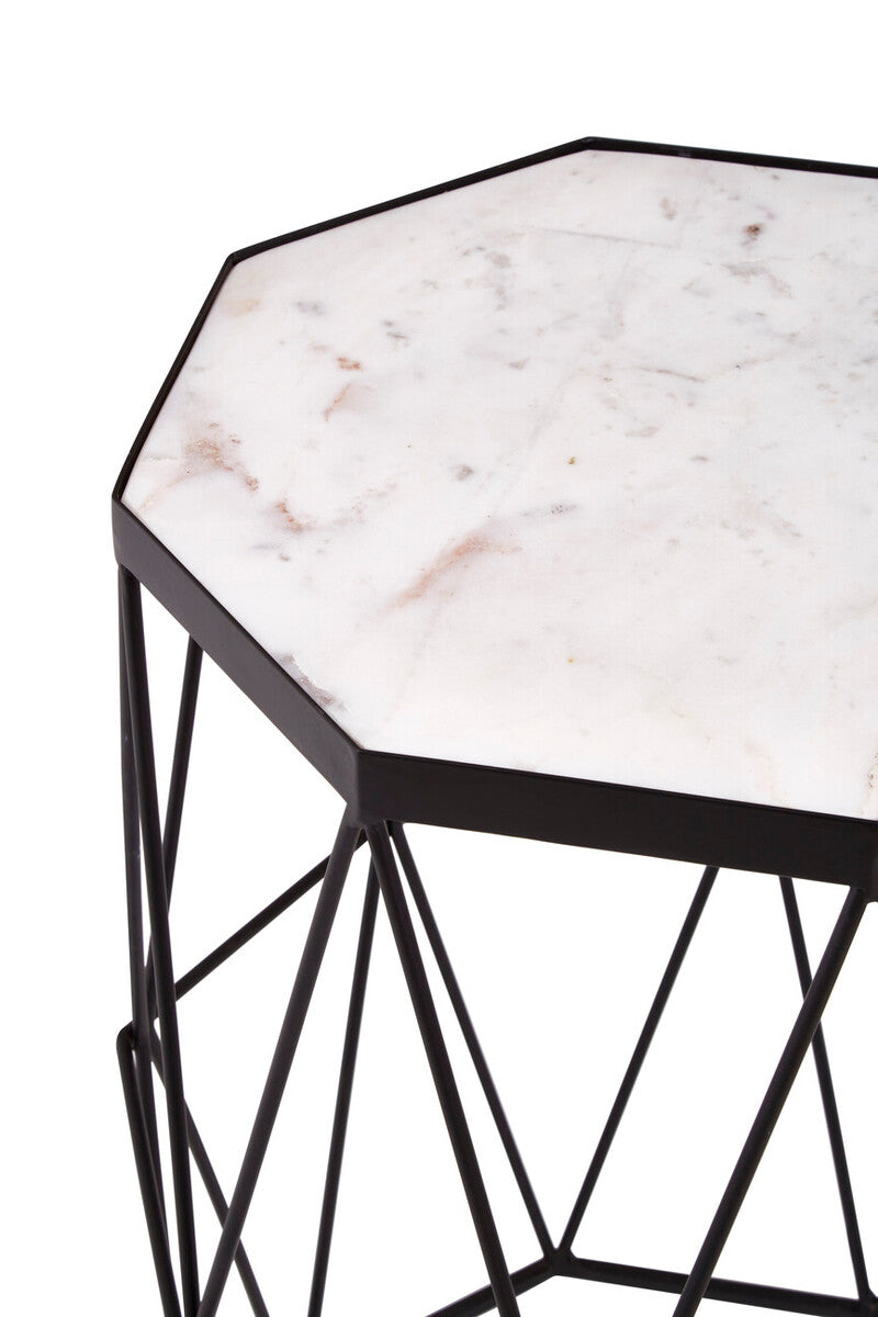 White Marble Top Octagonal Side Table with Black Finish Metal Base