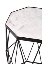 White Marble Top Octagonal Side Table with Black Finish Metal Base