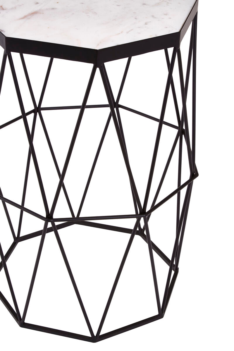 White Marble Top Octagonal Side Table with Black Finish Metal Base