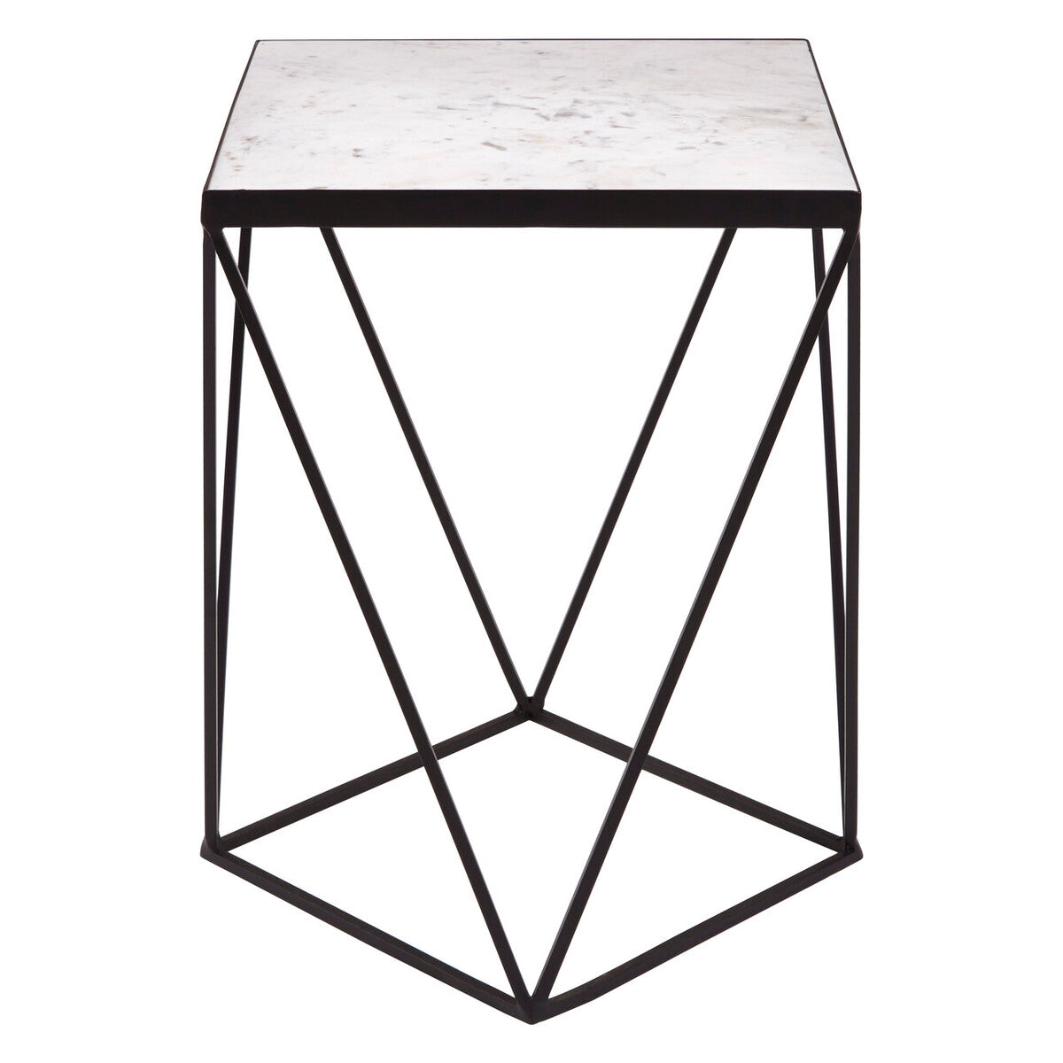 White Marble Top Square Side Table with Black Finish Metal Base