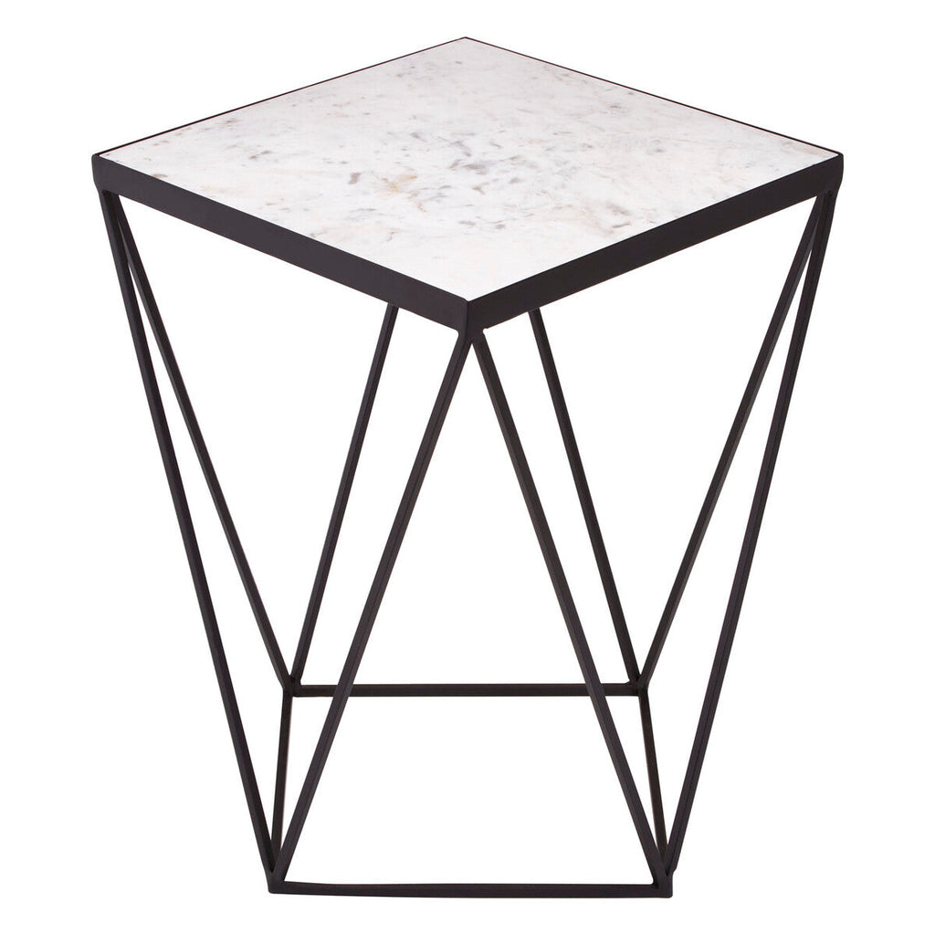 White Marble Top Square Side Table with Black Finish Metal Base