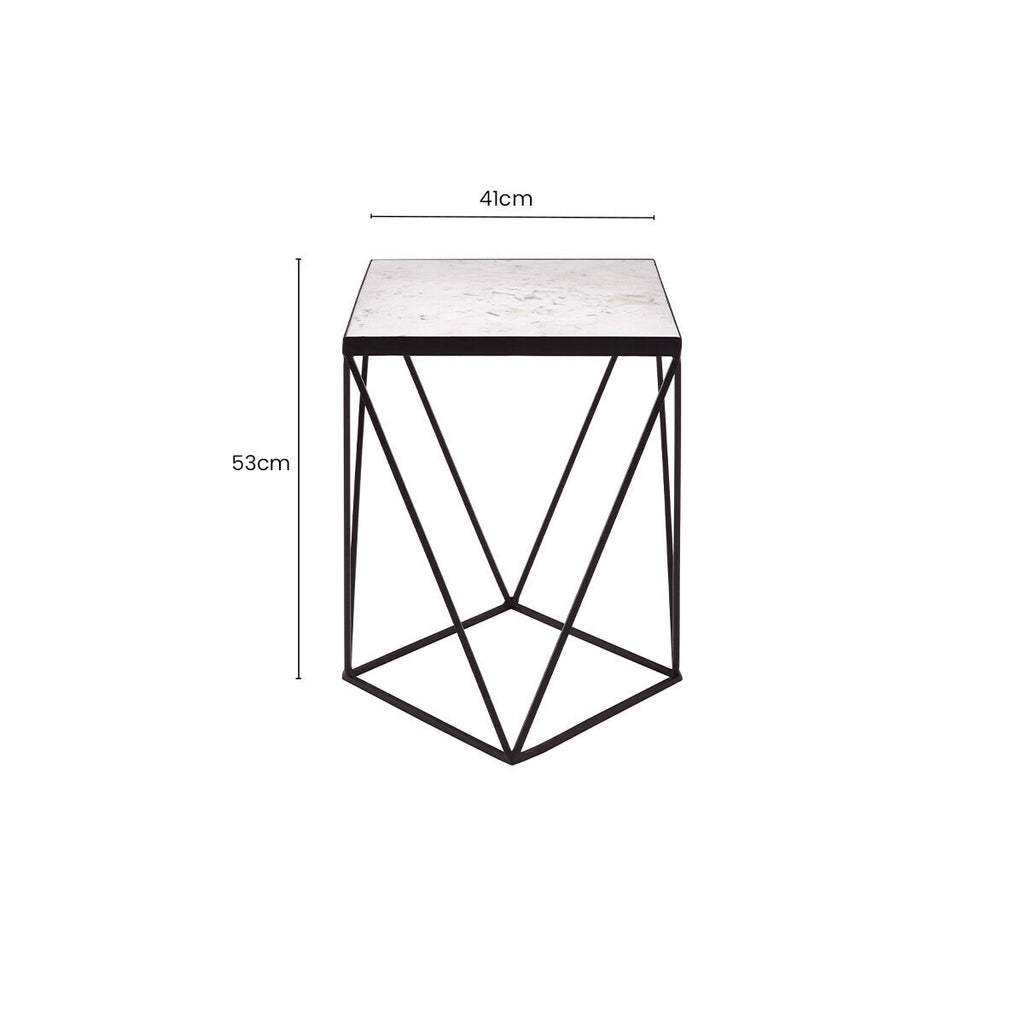 White Marble Top Square Side Table with Black Finish Metal Base