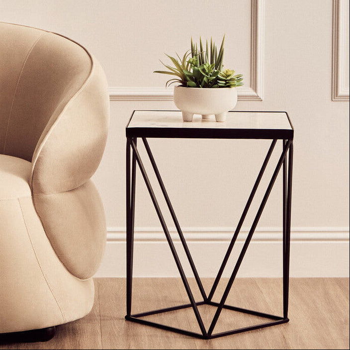 White Marble Top Square Side Table with Black Finish Metal Base