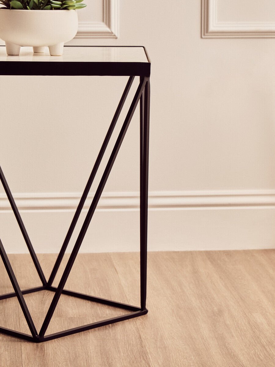 White Marble Top Square Side Table with Black Finish Metal Base