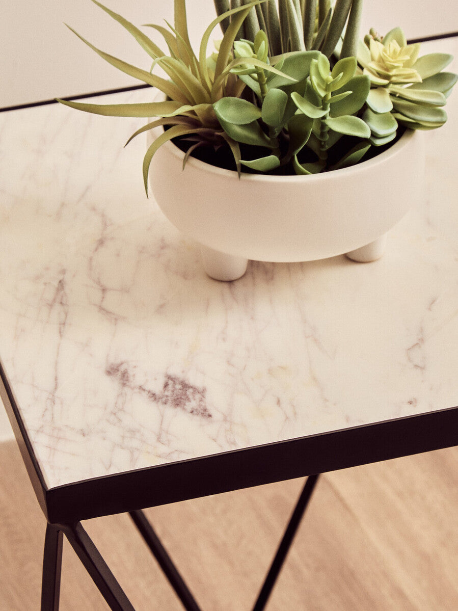 White Marble Top Square Side Table with Black Finish Metal Base