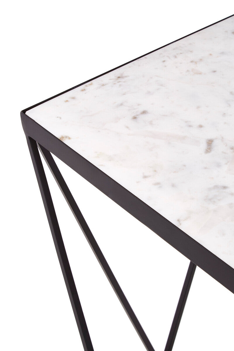 White Marble Top Square Side Table with Black Finish Metal Base