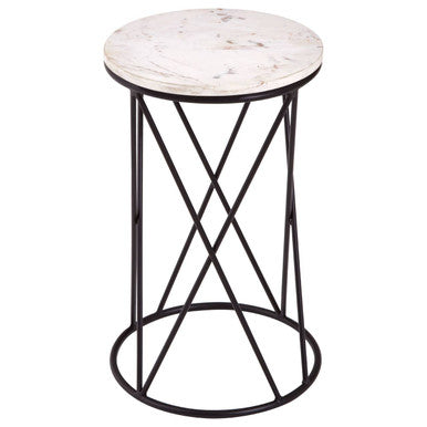 White Marble Top Square Side Table with Black Cross Design Finish Metal Base