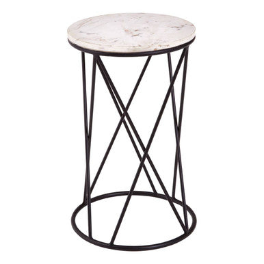 White Marble Top Square Side Table with Black Cross Design Finish Metal Base