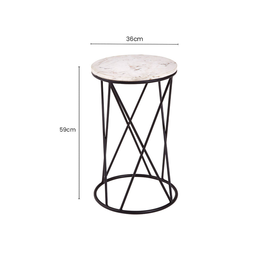 White Marble Top Square Side Table with Black Cross Design Finish Metal Base