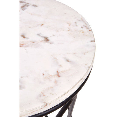 White Marble Top Square Side Table with Black Cross Design Finish Metal Base