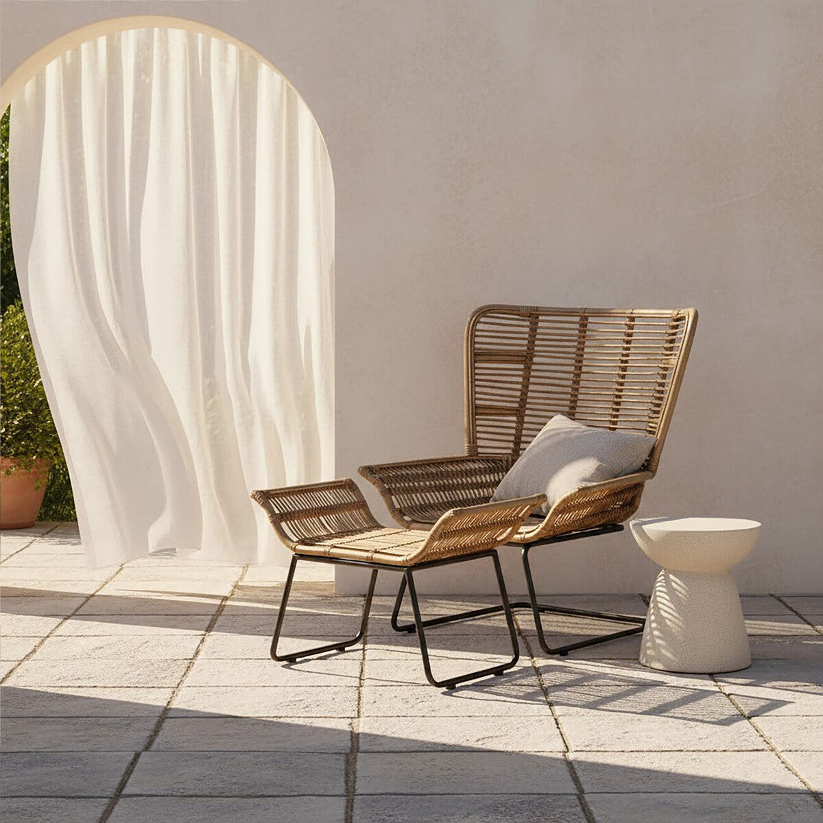 Grey Washed Natural Rattan Lounge Chair and Footstool