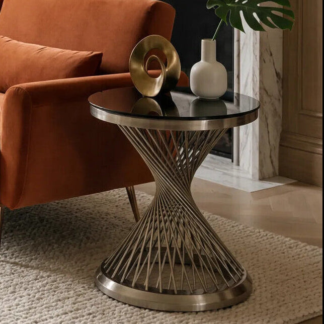 Black Hourglass Top Side Table with Silver Stainless Steel Base