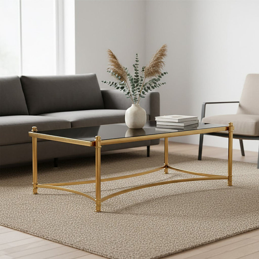 Black Glass and Gold Finish Rectangular Coffee Table