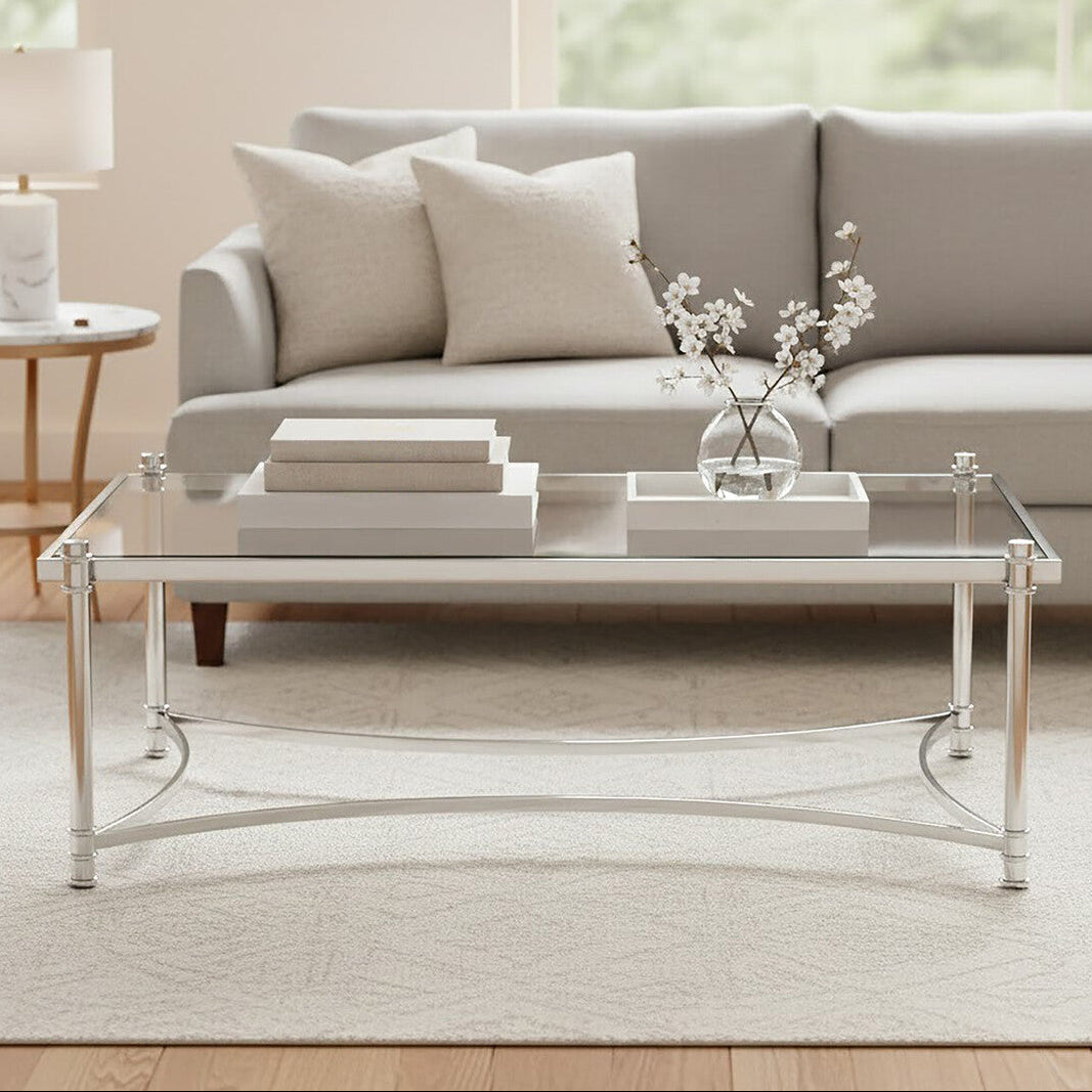Clear Glass and Silver Finish Rectangular Coffee Table