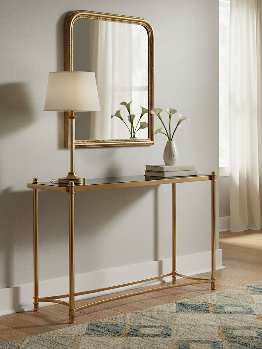 Black Glass and Gold Finish Console Table