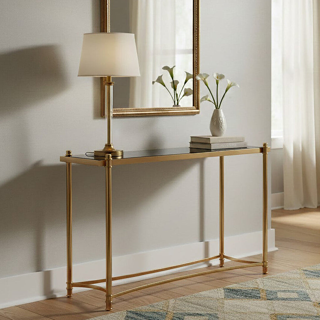 Black Glass and Gold Finish Console Table