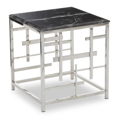 Black Marble Top Side Table with Silver Finish Geometric Stainless Steel Base