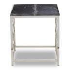 Black Marble Top Side Table with Silver Finish Geometric Stainless Steel Base