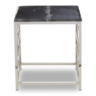 Black Marble Top Side Table with Silver Finish Geometric Stainless Steel Base
