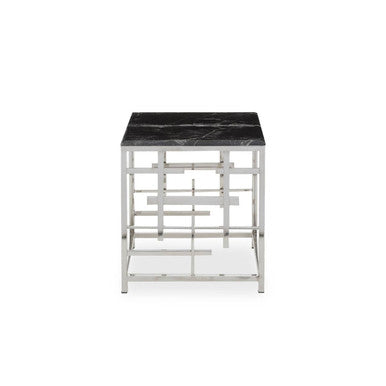 Black Marble Top Side Table with Silver Finish Geometric Stainless Steel Base