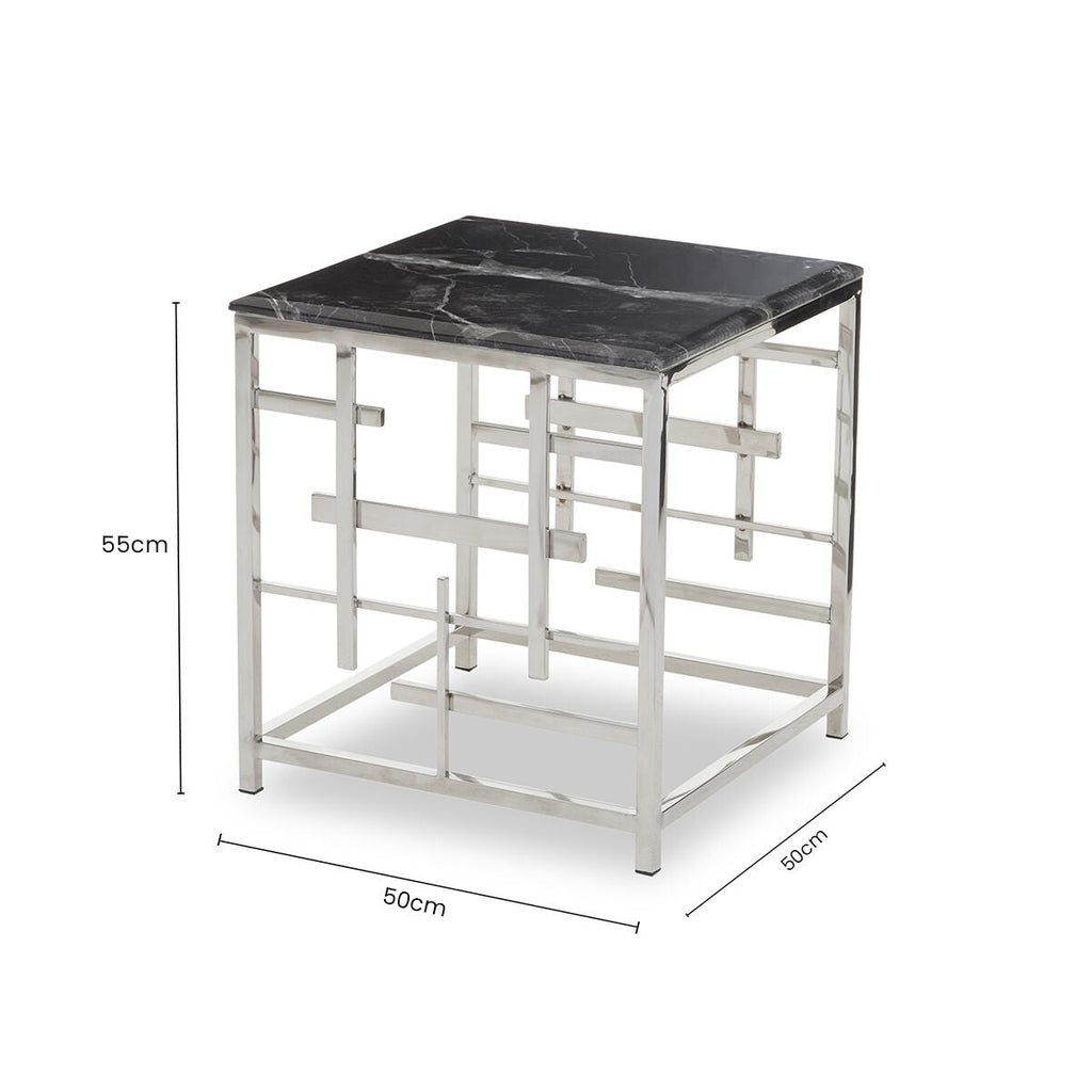 Black Marble Top Side Table with Silver Finish Geometric Stainless Steel Base