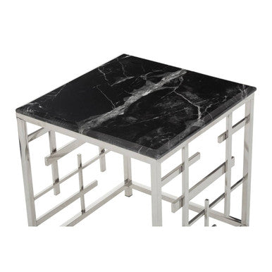 Black Marble Top Side Table with Silver Finish Geometric Stainless Steel Base