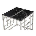 Black Marble Top Side Table with Silver Finish Geometric Stainless Steel Base