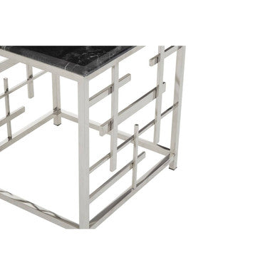 Black Marble Top Side Table with Silver Finish Geometric Stainless Steel Base