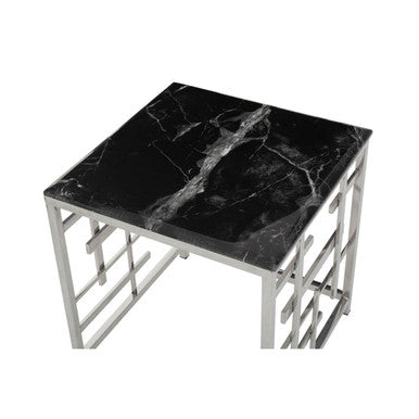 Black Marble Top Side Table with Silver Finish Geometric Stainless Steel Base