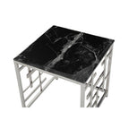 Black Marble Top Side Table with Silver Finish Geometric Stainless Steel Base