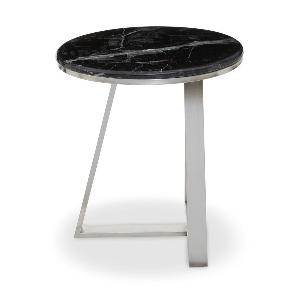 Silver Finish Frame Side Table with Round Black Marble Top