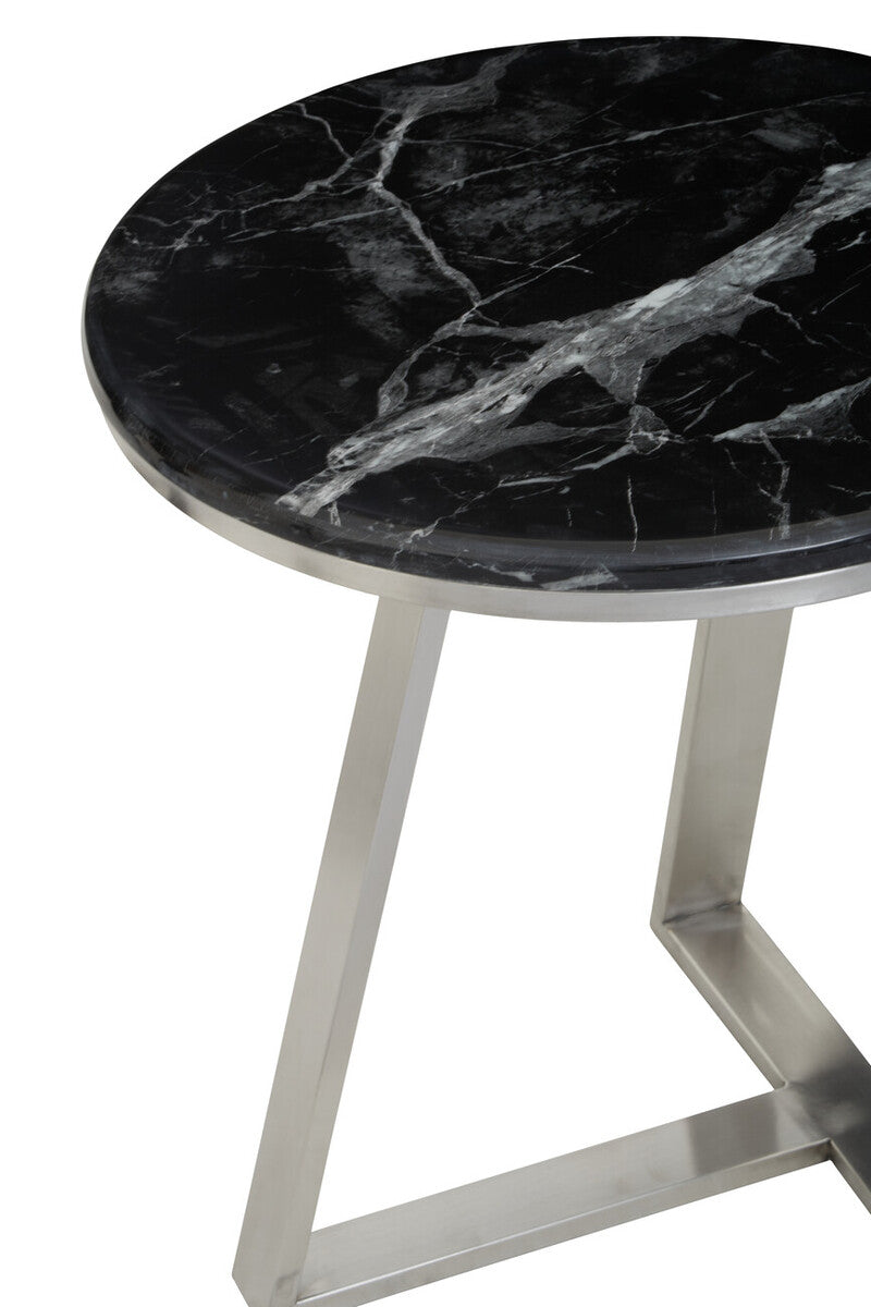 Silver Finish Frame Side Table with Round Black Marble Top