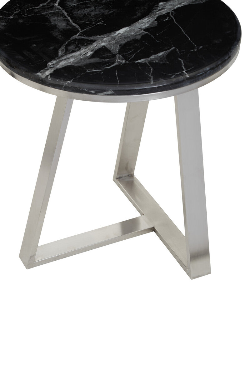 Silver Finish Frame Side Table with Round Black Marble Top