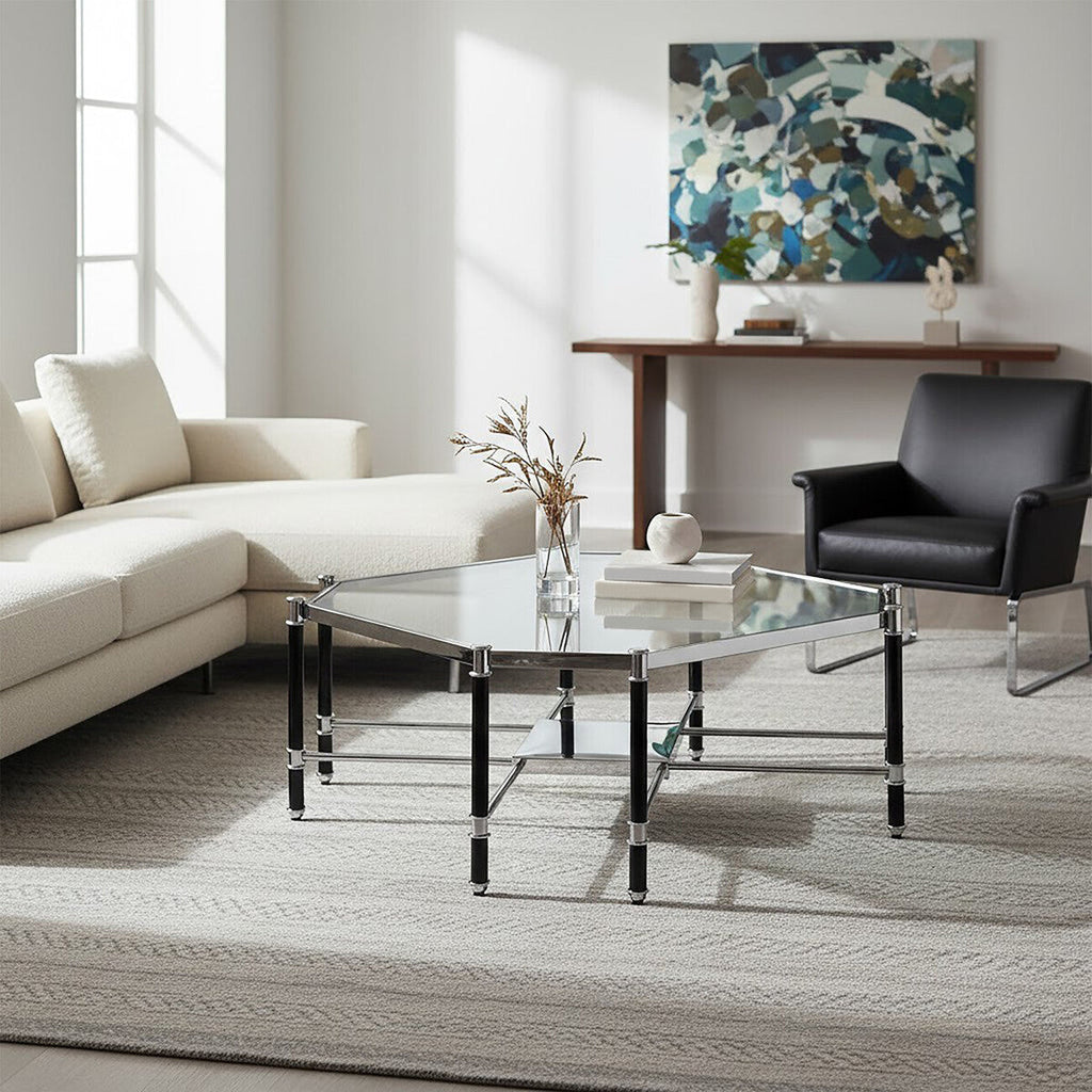 Clear Glass and Chrome Finish Coffee Table with Black Legs
